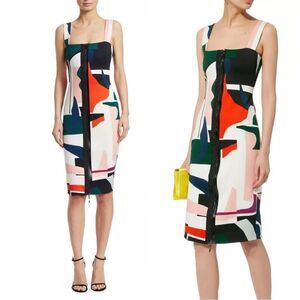 CUSHNIE et OCHS Abstract Expressionist Print 2-Way Zip Front Midi Dress